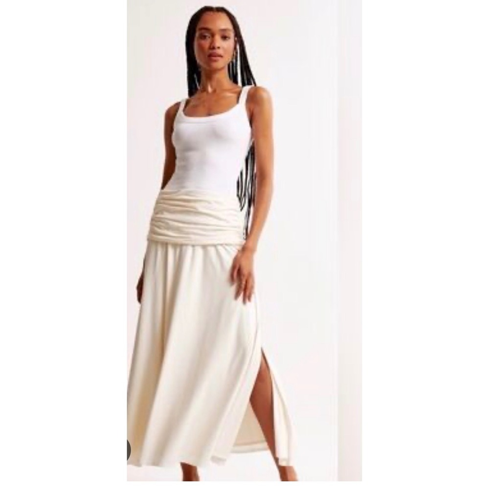 Abercrombie & Fitch Fold over Ruched Waist Maxi Skirt Cream White XL Petite NEW